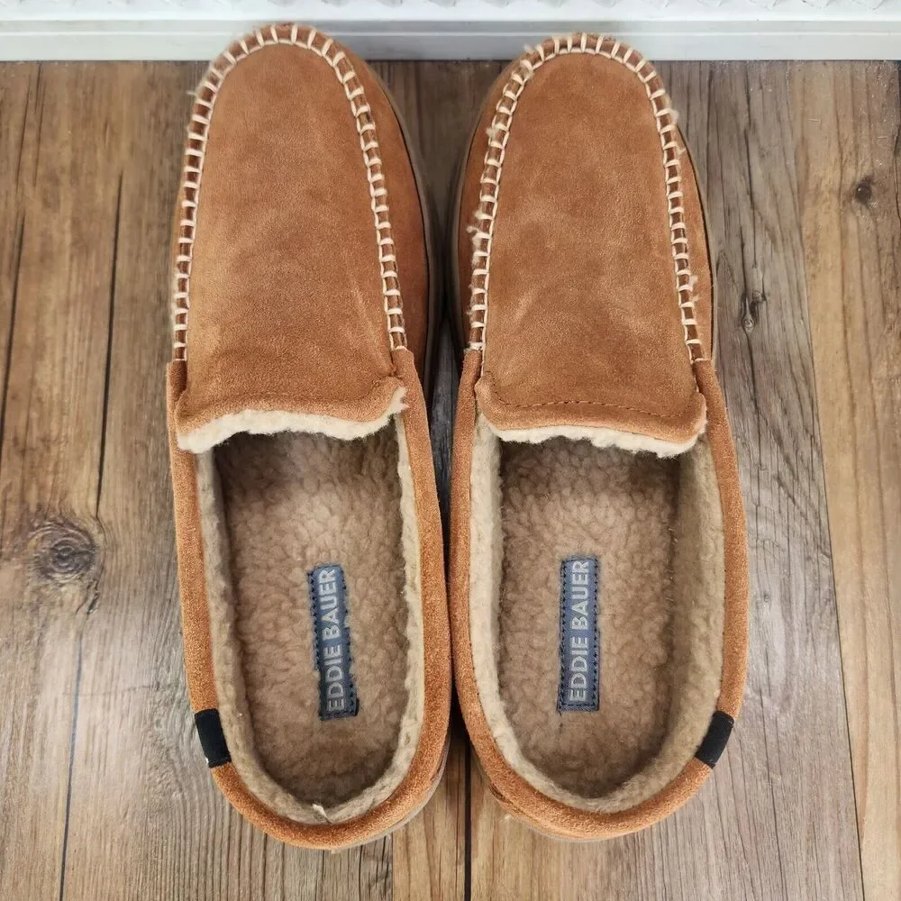Eddie Bauer Loudon Men Sz 9.5 - 10.5 L Brown Suede Memory Foam Faux Fur Slippers